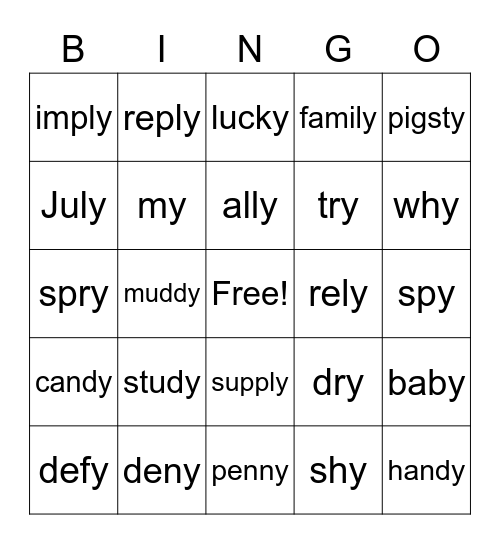 Y as a vowel Bingo Card
