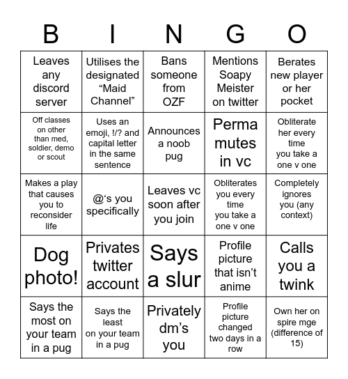Maid’s bingo card Bingo Card