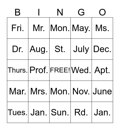 Abbreviations Bingo Card