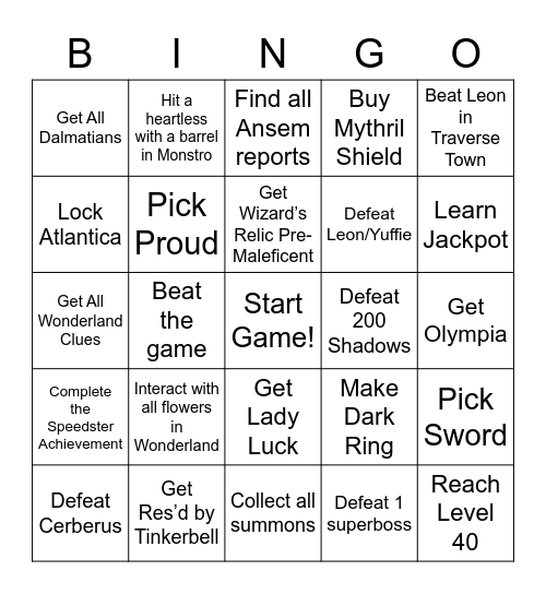 Kingdom Hearts 1 Bingo Card