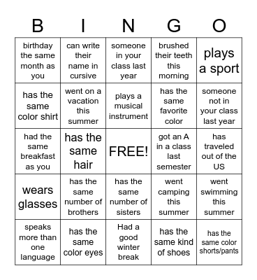 Classmate BINGO Card
