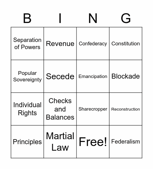 Unit 7 Vocab: BINGO Card