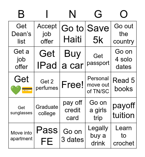 GOALS Bingo Card