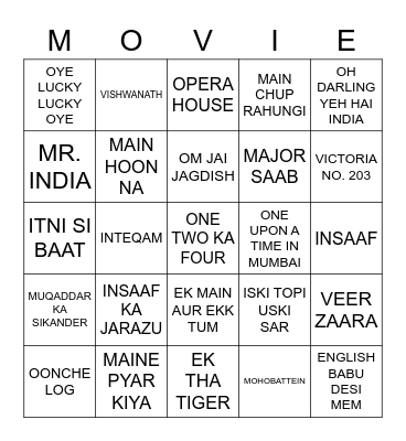 BOLLYWOOD MOVIES Bingo Card