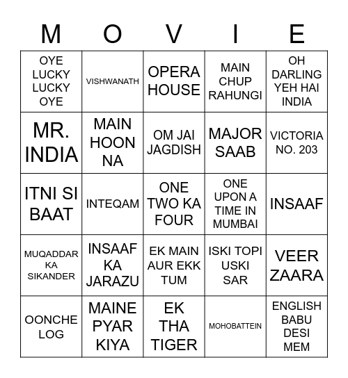 BOLLYWOOD MOVIES Bingo Card