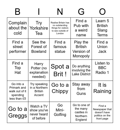 British Bingo Card