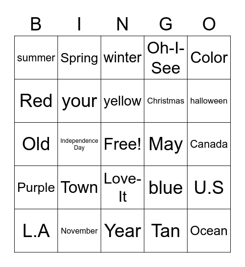 Unit 3 ASL Bingo Card