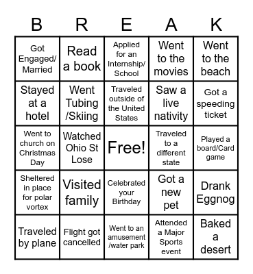Winter Break Bingo Card
