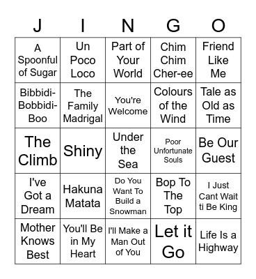 Disney Jingo Bingo Card