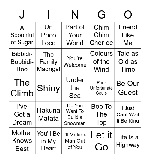 Disney Jingo Bingo Card