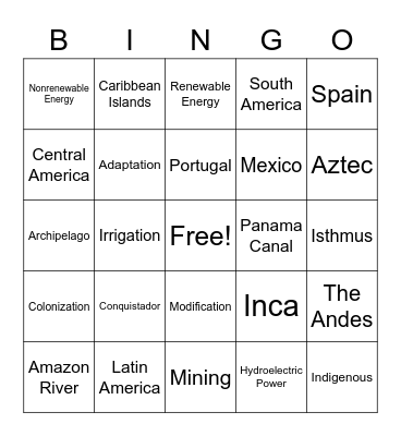 Latin America Bingo Card