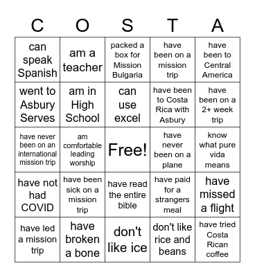 Costa Rica Mission Trip Bingo Card
