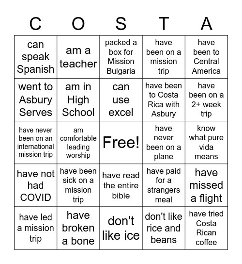 Costa Rica Mission Trip Bingo Card