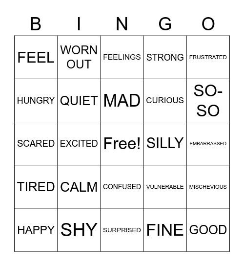 FEELINGS/EMOTIONS Bingo Card