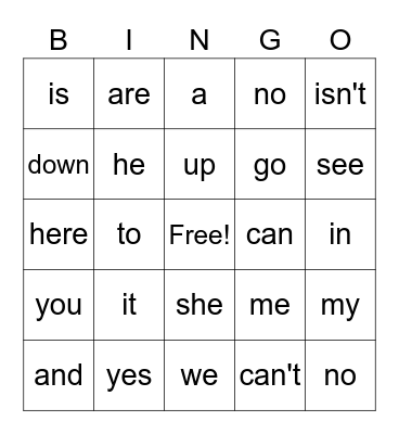 Sight Words Bingo Card