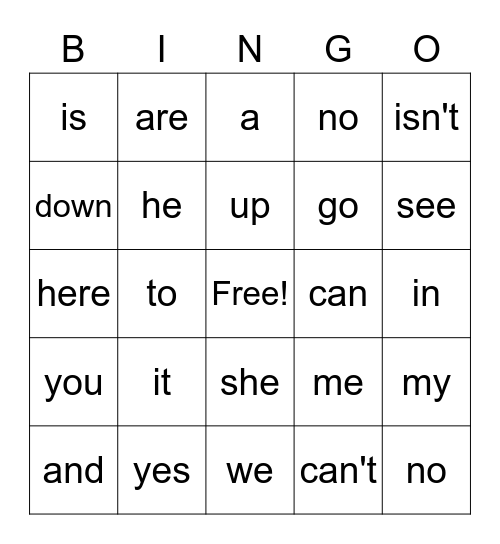 Sight Words Bingo Card