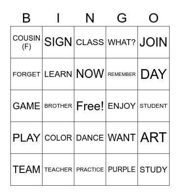 ASL 1 SIGN VOCABULARY REVIEW Bingo Card