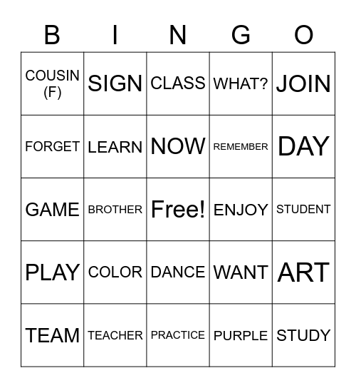 ASL 1 SIGN VOCABULARY REVIEW Bingo Card