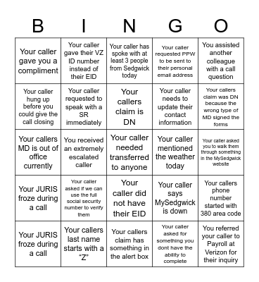 Call Center Bingo Card