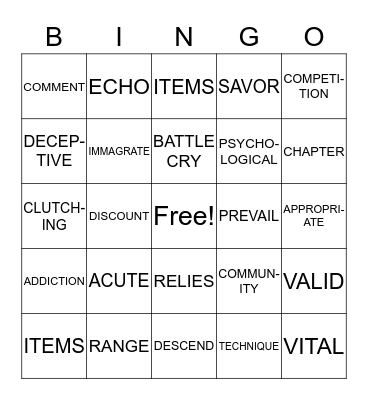 Vocabulary Bingo Card