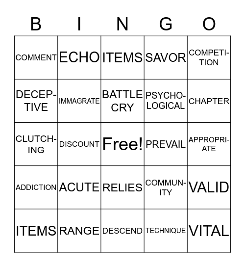 Vocabulary Bingo Card