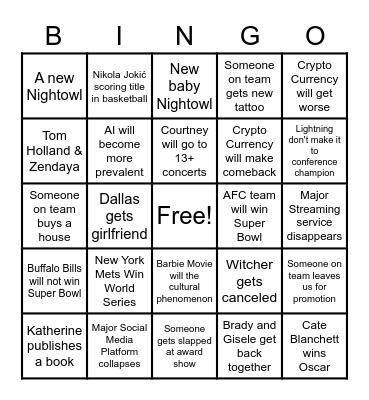 NightOwls 2023 Predictions Bingo Card