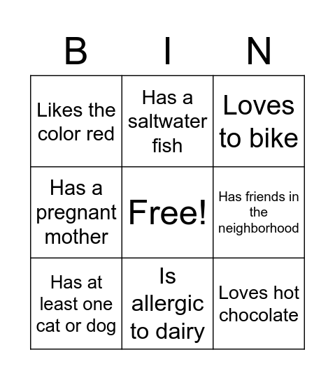 Basic facts about yourself Bingo Card