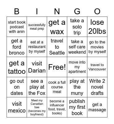 Idalis 2023 personal Goals Bingo Card