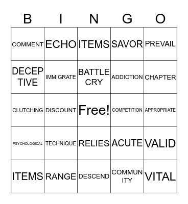 Vocabulary Bingo Card