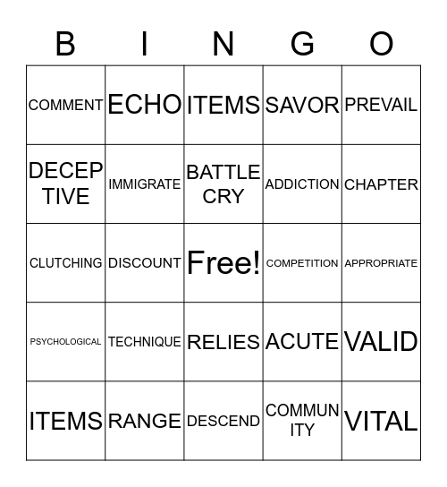 Vocabulary Bingo Card