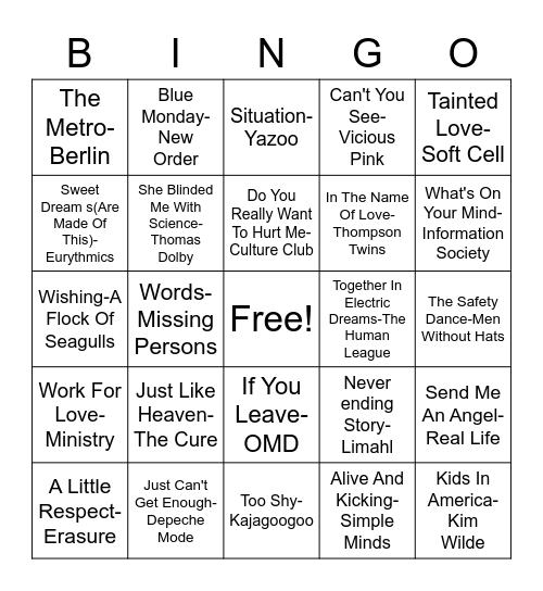 80s New Wave Bingo Card