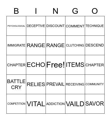 Vocabulary Bingo Card