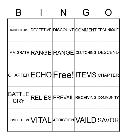 Vocabulary Bingo Card