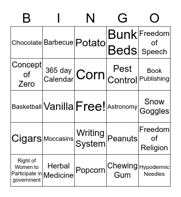 Native Indian Words and Inventions Bingo Card