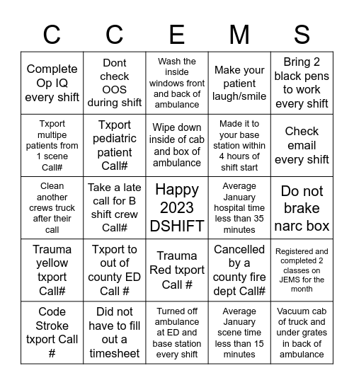 D SHIFT BINGO Card