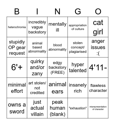 Shitty AA OC Bingo Card