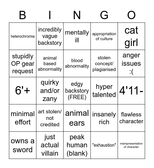 Shitty AA OC Bingo Card