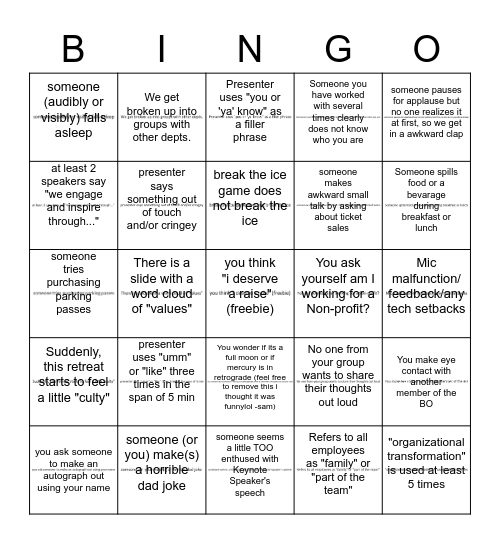 Box Office Staff Retreat BINGO! Bingo Card