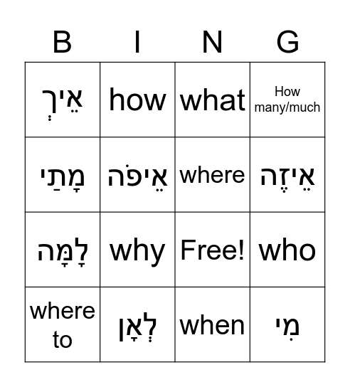 Hebrew Question Words Bingo Card