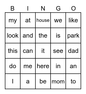 Snap Word Bingo Card