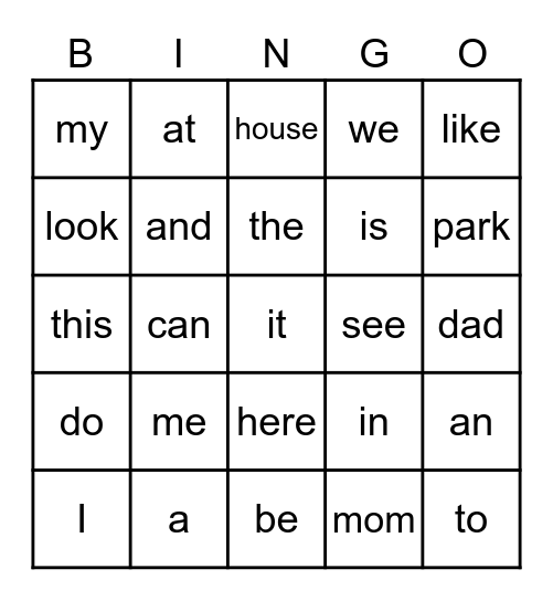 Snap Word Bingo Card