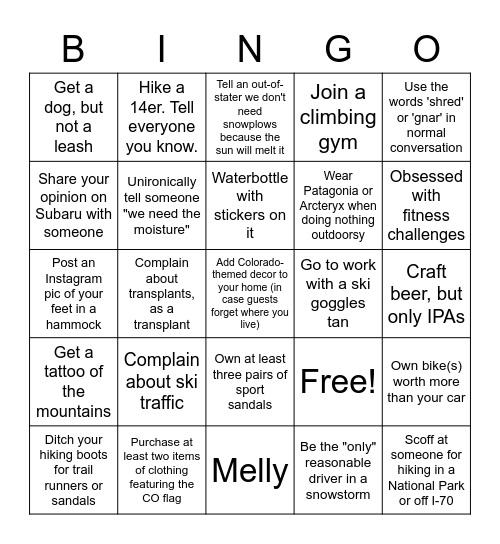 Colorado Transplant (but not like the others!) Bingo Card