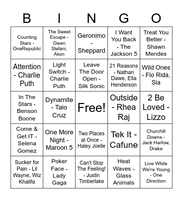 Pop Music (2) Bingo Card