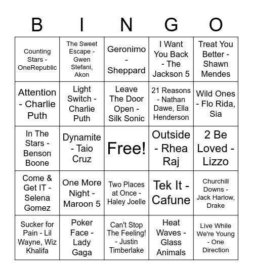 Pop Music (2) Bingo Card