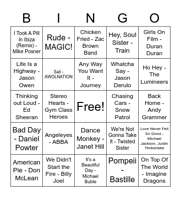 Road Trip Music Bingo (2) Bingo Card