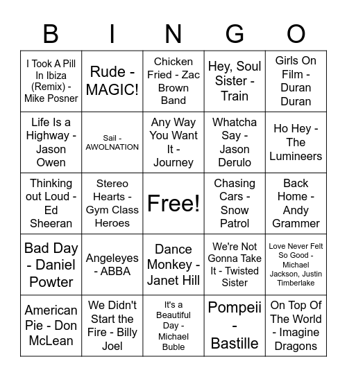 Road Trip Music Bingo (2) Bingo Card