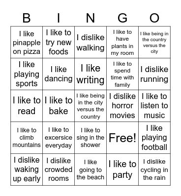 Likes and dislikes Bingo Card