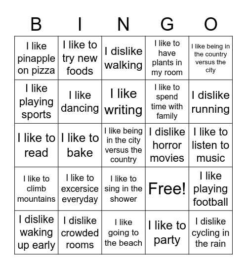 Likes and dislikes Bingo Card