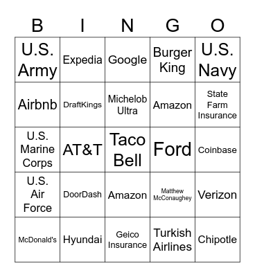 Super Bowl LVII Commercial Bingo Card