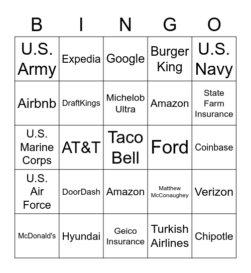 Super Bowl LVII Commercial Bingo Card